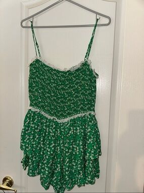 Green Floral Lace-Trim Romper - Unknown Brand